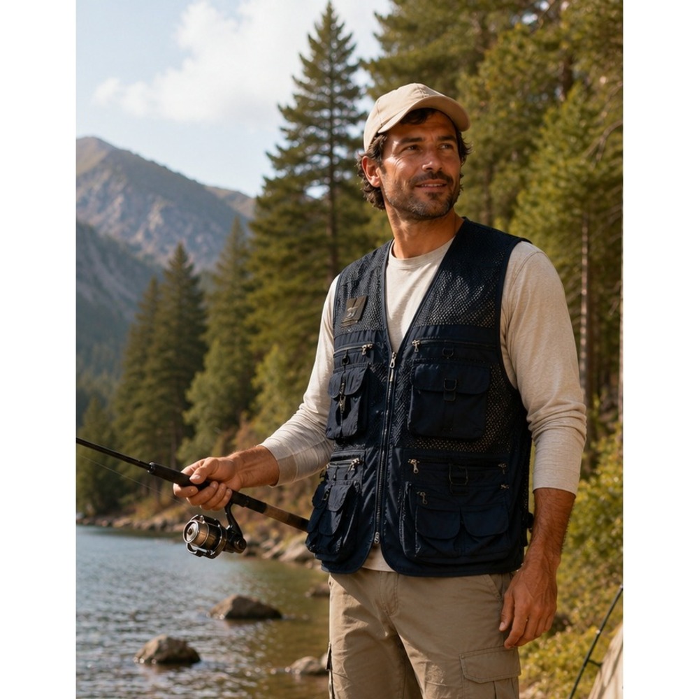 Outdoor Navy Blue Mesh Utility Fishing Vest Multi-Pocket Gorpcore XL 24.5 Pit